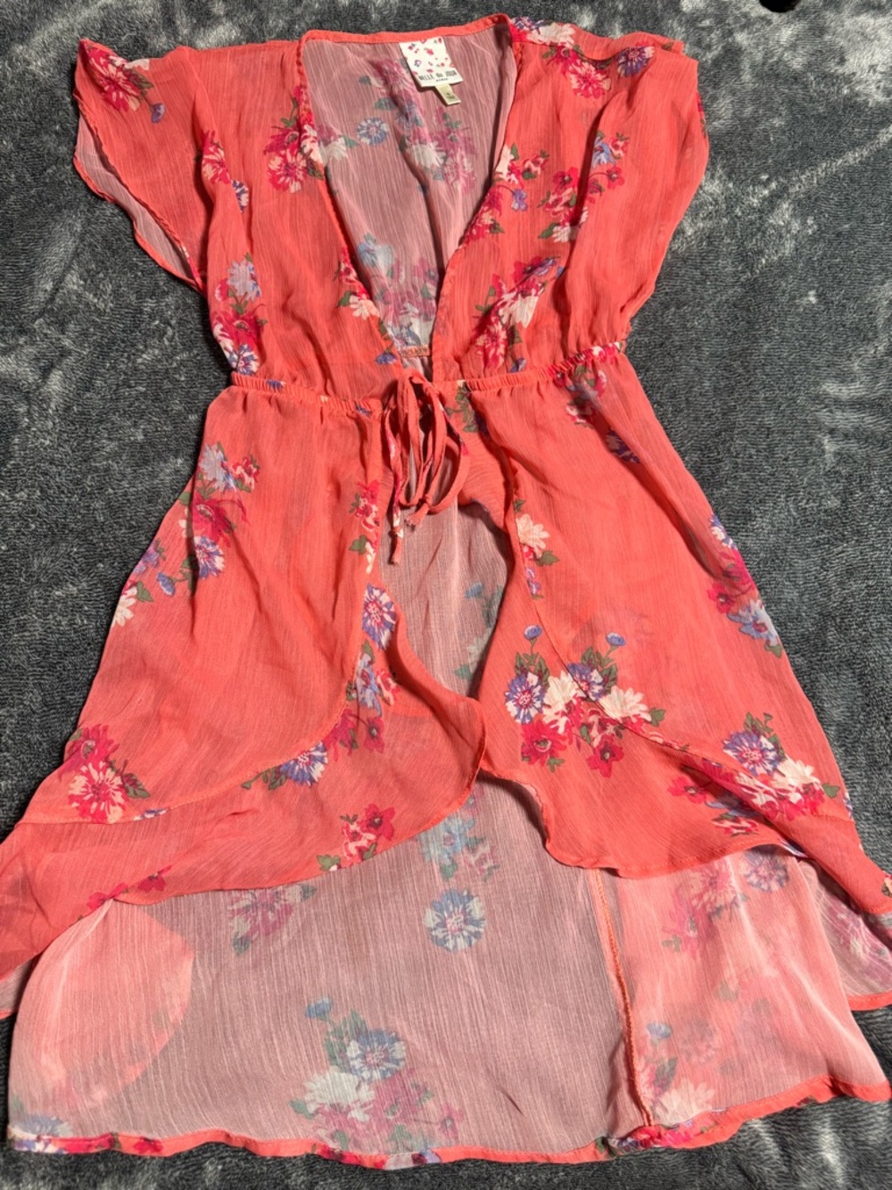 Coral Floral Tie-Waist Sheer Dress